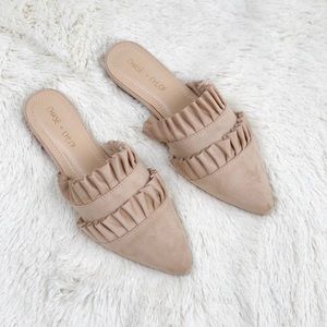 Suede Tiered Ruffle Trim Nude Flat Mules